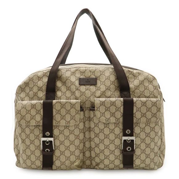 Gucci GG Supreme Boston Bag Travel Bag Tote Bag PVC Leather Khaki Beige Dark - Picture 1 of 9